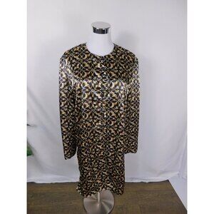 SALE MS Chaus Dress Womens 12 Black Gold Pattern Button Front Long Sleeve Polyes
